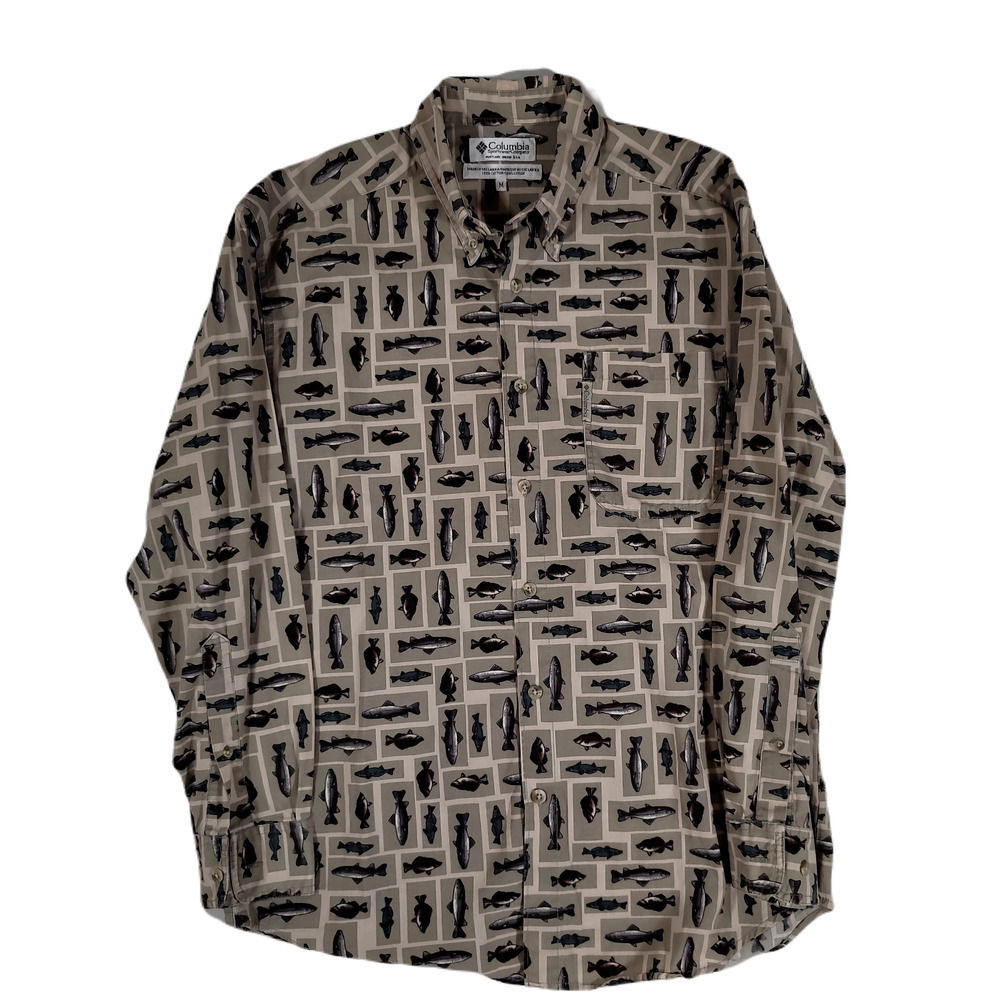 Columbia Fish Print Long Sleeve Shirt Mens Medium Tan‎ Brown